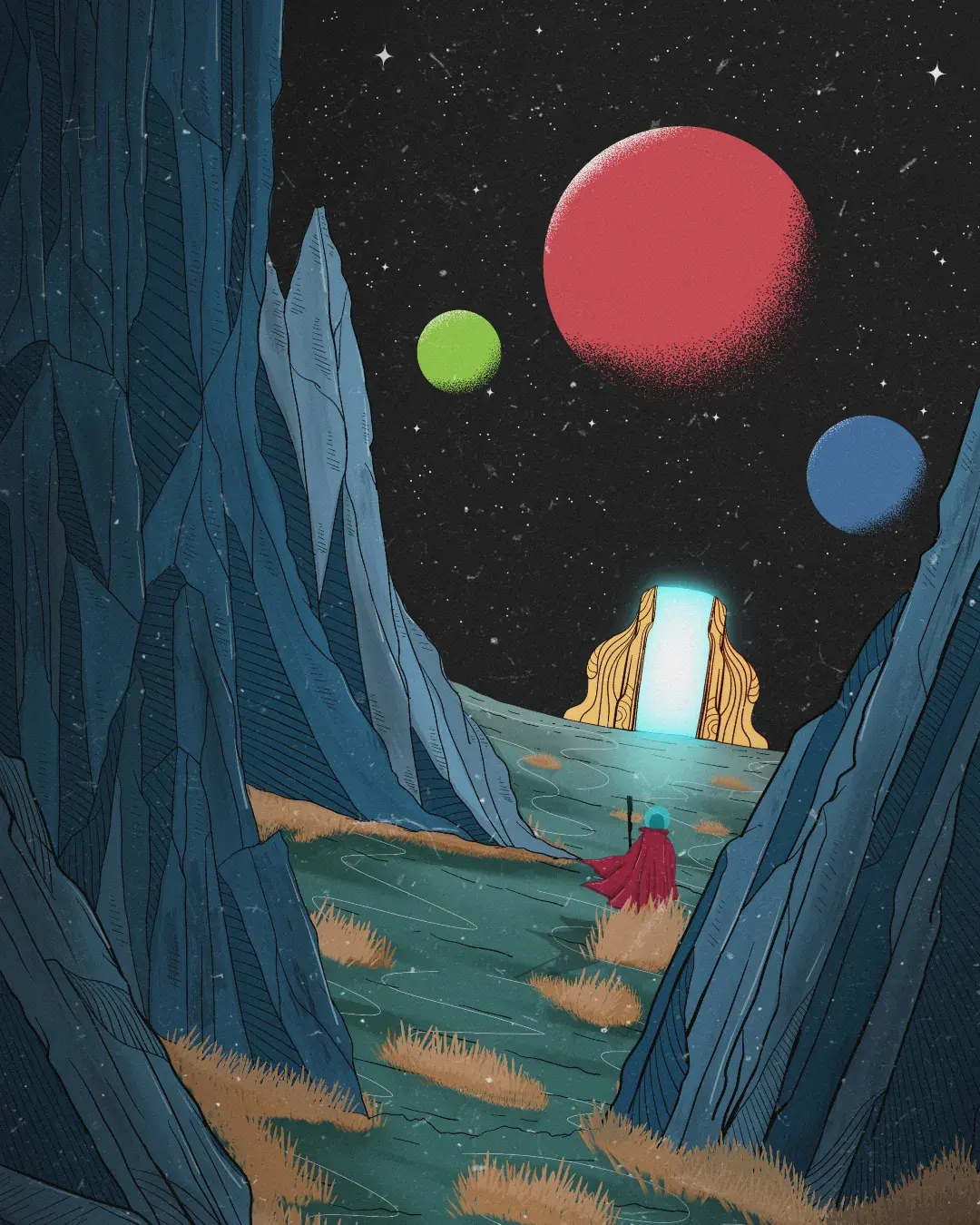 Red Planet: a lone figure walking toward a threshold