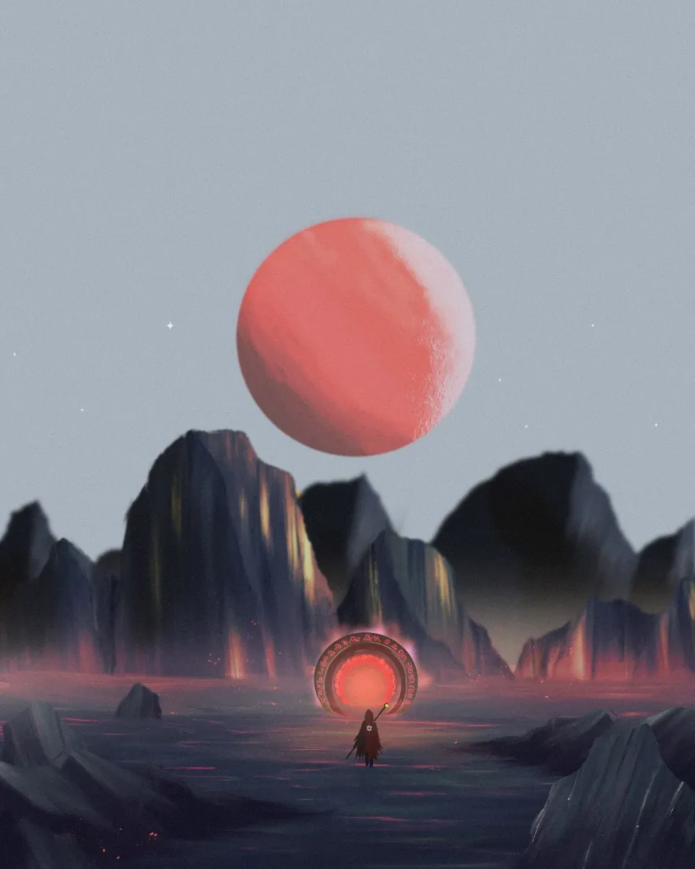 A lone traveller approaches a glowing threshold beneath a giant red planet